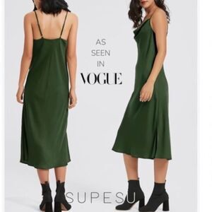 SUPESU Satin Midi Slip Dress Adjustable Spaghetti Strap, Green, Size XS, NWT
